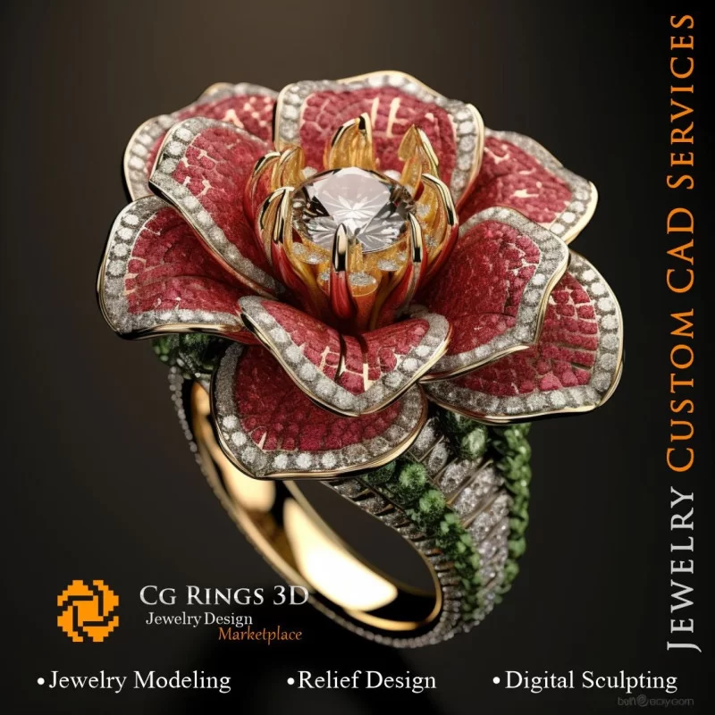 Flower Ring with Rubin,Emerald and Diamonds - 3D CAD Jewelry Home, AI - Jewelry 3D CAD , AI - Rings 3D CAD 