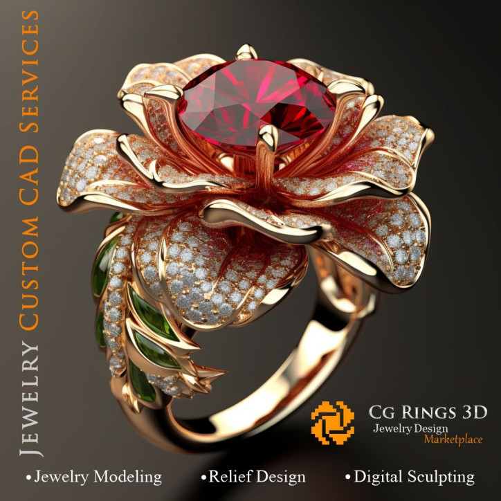 Flower Ring with Rubin,Emerald and Diamonds - 3D CAD Jewelry