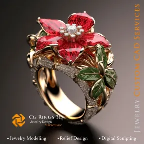 Flower Ring with Red, Green Enamel and Diamonds - 3D CAD Jewelry Home, AI - Jewelry 3D CAD , AI - Rings 3D CAD 