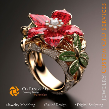 Flower Ring with Red, Green Enamel and Diamonds - 3D CAD Jewelry