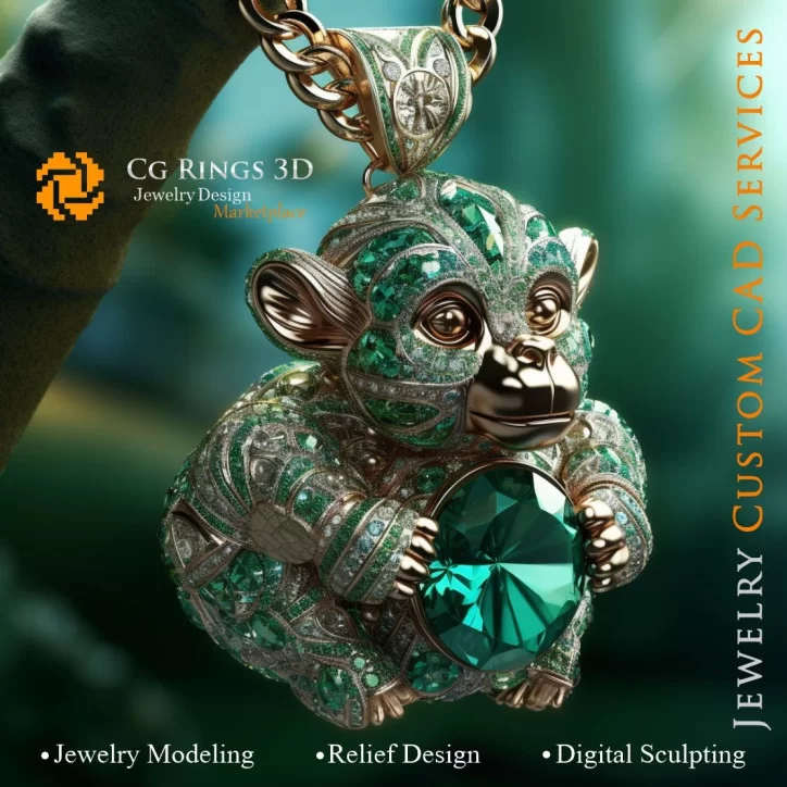 Monkey Pendant with Emeralds and Diamonds - 3D CAD Jewelry