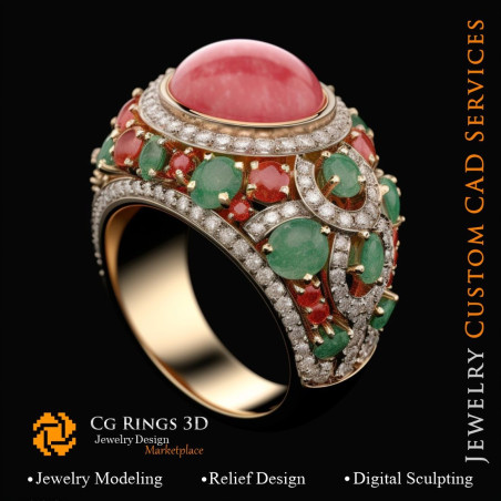 Ring Coral with Emerald,Coral and Diamonds - 3D CAD Jewelry Home, AI - Jewelry 3D CAD , AI - Rings 3D CAD 