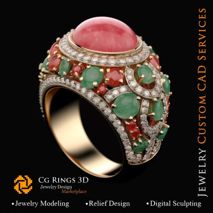 Anello Corallo con Smeraldo, Corallo e Diamanti - 3D CAD Gioielli