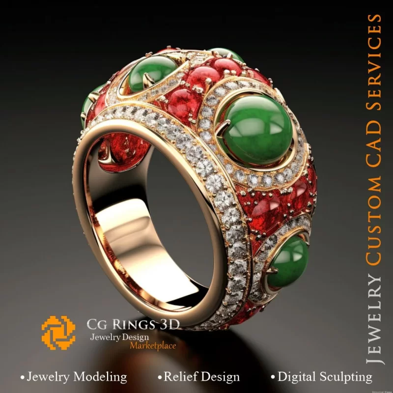 Bague avec rubis, émeraude et diamants - Bijoux 3D CAO Home, AI - Bijoux 3D CAO, AI - Anneaux 3D CAO 