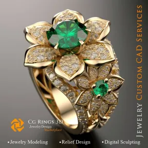 Flower Ring with Emerald and Diamonds - 3D CAD Jewelry Home, AI - Jewelry 3D CAD , AI - Rings 3D CAD 