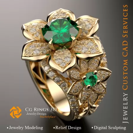 Anillo flor con esmeralda y diamantes - CAD 3D de joyería para el hogar, IA - CAD 3D de joyería, IA - Anillos CAD 3D