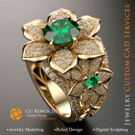 Flower Ring with Emerald and Diamonds - 3D CAD Jewelry