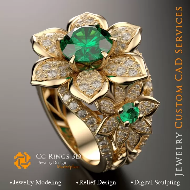 Blumenring mit Smaragd und Diamanten - 3D CAD Schmuck Blumenring mit Smaragd und Diamanten - 3D CAD Schmuck
