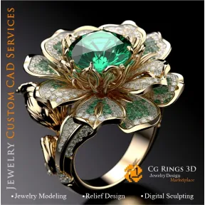 Flower Ring with Emerald and Diamonds - 3D CAD Jewelry Home, AI - Jewelry 3D CAD , AI - Rings 3D CAD 