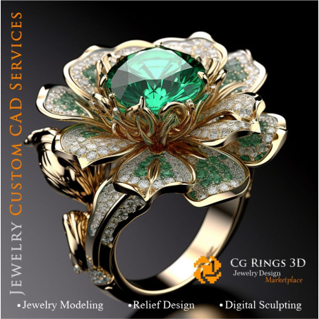 Flower Ring with Emerald and Diamonds - 3D CAD Jewelry