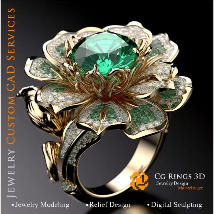 Anillo flor con esmeralda y diamantes - CAD 3D de joyería Anillo flor con esmeralda y diamantes - CAD 3D de joyería
