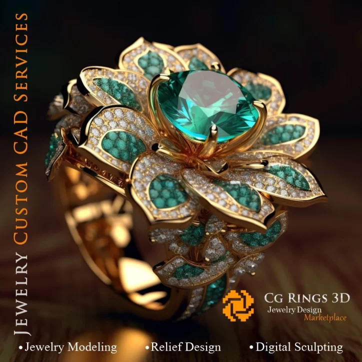 Flower Ring with Emerald and Diamonds - 3D CAD Jewelry