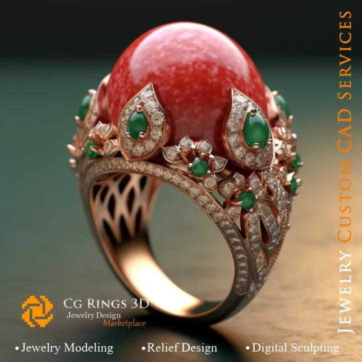 Anillo Coral con Esmeralda, Coral y Diamantes - 3D CAD Joyería