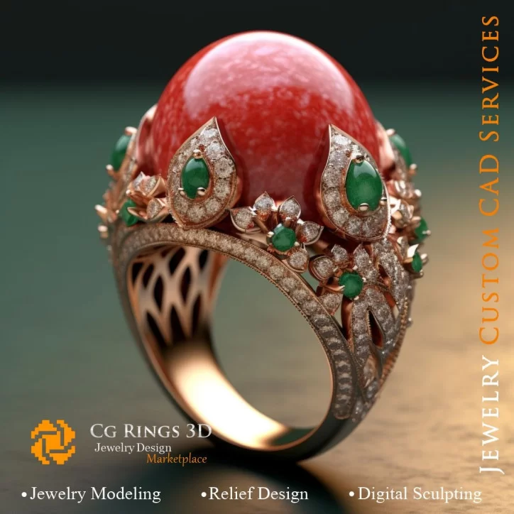 Ring Coral with Emerald,Coral and Diamonds - 3D CAD Jewelry