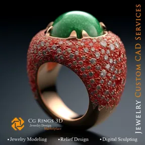 Bague Corail avec Émeraude,Corail et Diamants - Bijoux 3D CAO Home