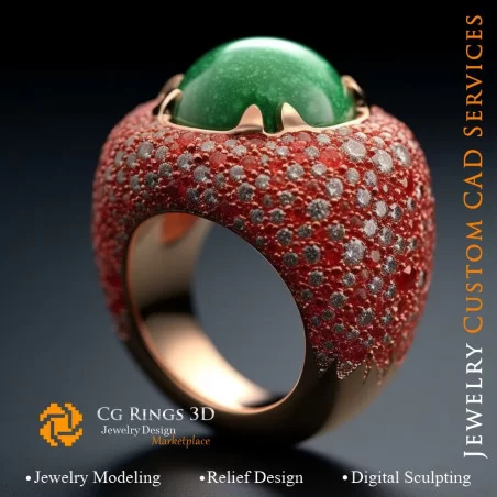 Bague Corail avec Émeraude,Corail et Diamants - Bijoux 3D CAO Home