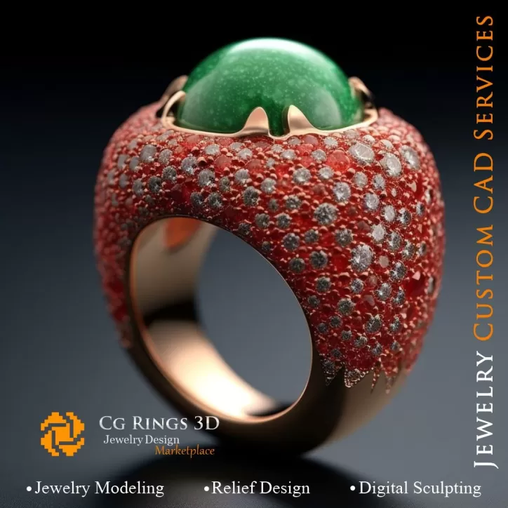 Ring Koralle mit Smaragd, Koralle und Diamanten - 3D CAD Schmuck
