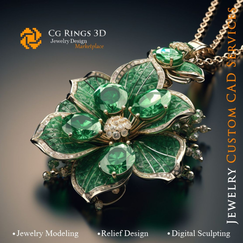 Flower Pendant with Emerald and Diamonds - 3D CAD Jewelry Home, AI - Jewelry 3D CAD , AI - Pendants 3D CAD 