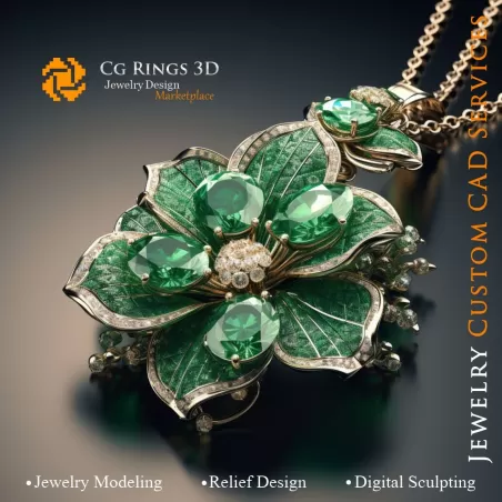Colgante de Flor con Esmeralda y Diamantes - CAD 3D Joyería en Casa, IA - CAD 3D Joyería, IA - Colgantes CAD 3D