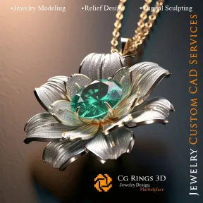 Colgante Floral con Esmeralda y Diamantes - CAD 3D para Joyería, IA - Joyería CAD 3D, IA - Colgantes CAD 3D