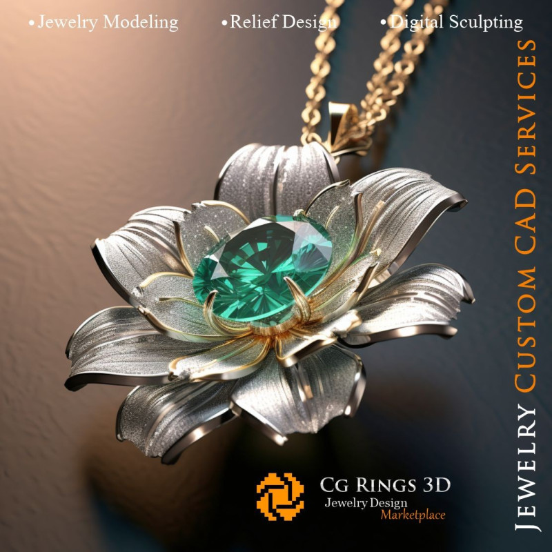 Flower Pendant with Emerald and Diamonds - 3D CAD Jewelry Home, AI - Jewelry 3D CAD , AI - Pendants 3D CAD 