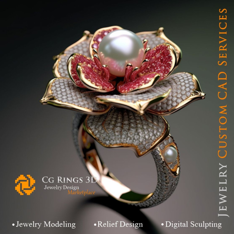 Flower Ring with Pearls, Rubies and Diamonds - 3D CAD Jewelry Home, AI - Jewelry 3D CAD , AI - Rings 3D CAD 