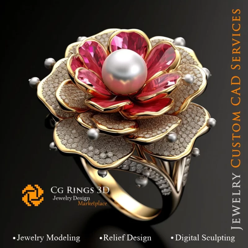 Flower Ring with Pearls, Rubies and Diamonds - 3D CAD Jewelry Home, AI - Jewelry 3D CAD , AI - Rings 3D CAD 