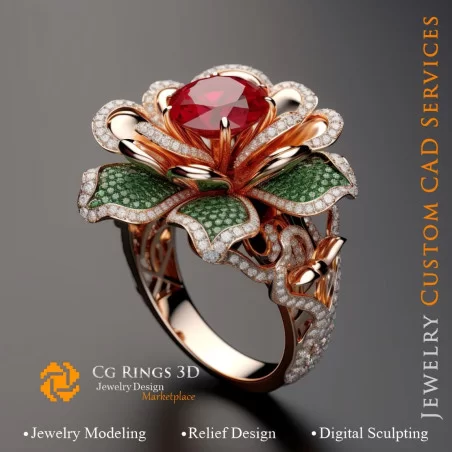 Flower Ring with Rubin,Emerald and Diamonds - 3D CAD Jewelry Home, AI - Jewelry 3D CAD , AI - Rings 3D CAD 