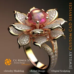 Flower Ring with Rubin and Diamonds - 3D CAD Jewelry Home, AI - Jewelry 3D CAD , AI - Rings 3D CAD 