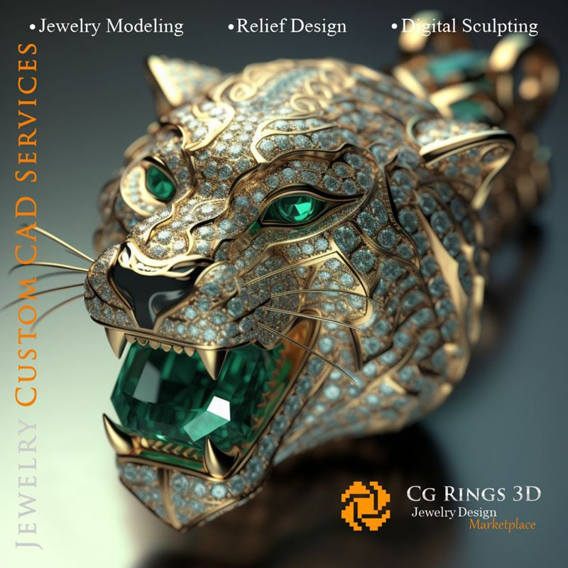 Pendentif Tigre avec Émeraudes et Diamants - Bijoux 3D CAO Home, AI - Bijoux 3D CAO, AI - Pendentifs 3D CAO