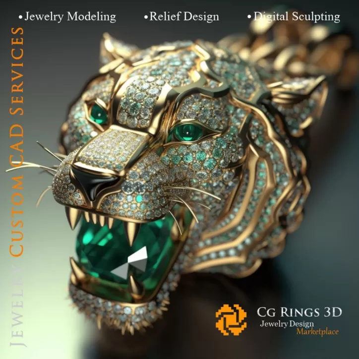 Colgante Tigre con Esmeraldas y Diamantes - CAD 3D de Joyería