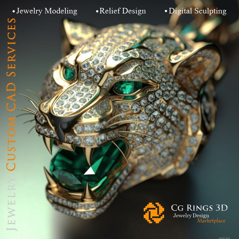 Pendentif Tigre avec Émeraudes et Diamants - Bijoux 3D CAO Home, AI - Bijoux 3D CAO, AI - Pendentifs 3D CAO