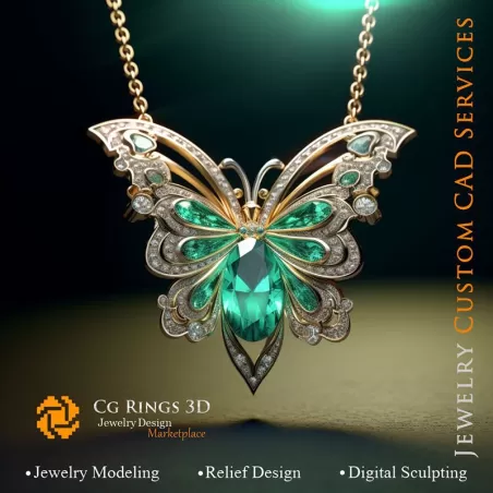 Colgante de mariposa con esmeralda y diamantes - CAD 3D para joyería, IA - CAD 3D de colgantes