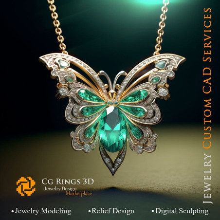 Pendentif Papillon avec émeraude et diamants - Bijoux 3D CAD Home, AI - Bijoux 3D CAO, AI - Pendentifs 3D CAO