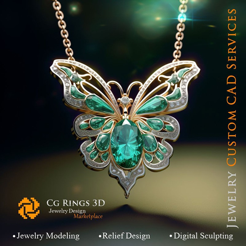 Butterfly Pendant with Emerald and Diamonds - Jewelry 3D CAD Home, AI - Jewelry 3D CAD , AI - Pendants 3D CAD 