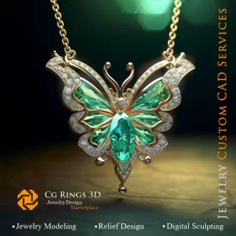 Colgante de mariposa con esmeralda y diamantes - CAD 3D de joyería para el hogar, IA - CAD 3D de joyería, IA - Colgantes CAD 3D