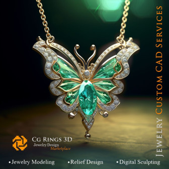 Pendentif Papillon avec émeraude et diamants - Bijoux 3D CAD Home, AI - Bijoux 3D CAO, AI - Pendentifs 3D CAO