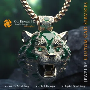 Pendentif Puma avec Émeraudes et Diamants - Bijoux 3D CAO Home, AI - Bijoux 3D CAO, AI - Pendentifs 3D CAO