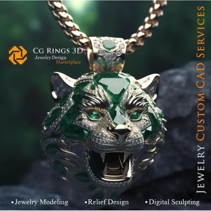 Colgante Puma con Esmeraldas y Diamantes - CAD 3D Joyería Colgante Puma con Esmeraldas y Diamantes - CAD 3D Joyería