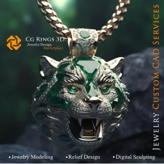 Puma-Anhänger mit Smaragden und Diamanten - 3D-CAD-Schmuck, KI - Schmuck 3D-CAD, KI - Anhänger 3D-CAD