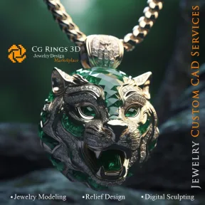 美洲狮吊坠配祖母绿和钻石 - 3D CAD 珠宝之家，AI - 珠宝 3D CAD，AI - 吊坠 3D CAD