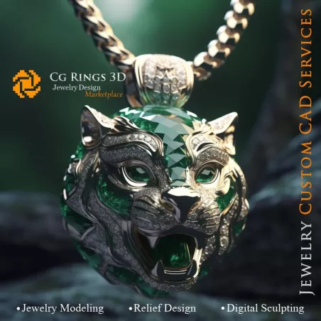 美洲狮吊坠配祖母绿和钻石 - 3D CAD 珠宝之家，AI - 珠宝 3D CAD，AI - 吊坠 3D CAD
