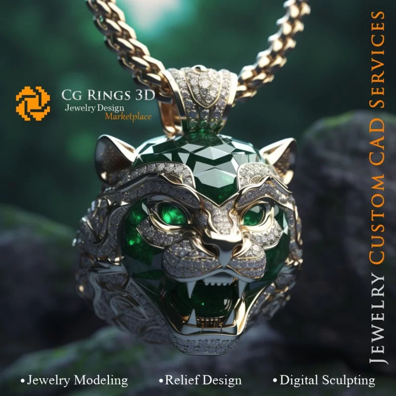 Puma Pendant with Emeralds and Diamonds - 3D CAD Jewelry Home, AI - Jewelry 3D CAD , AI - Pendants 3D CAD 