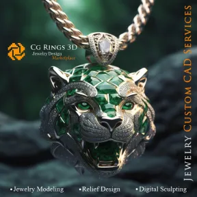 Pendentif Puma avec Émeraudes et Diamants - Bijoux 3D CAO Home, AI - Bijoux 3D CAO, AI - Pendentifs 3D CAO