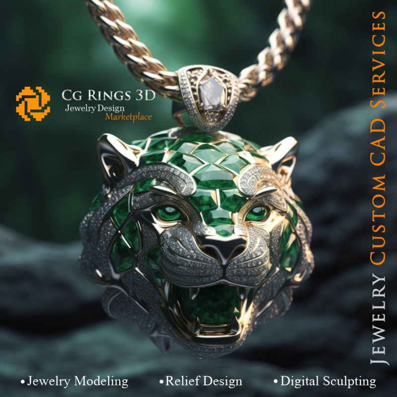 Puma Pendant with Emeralds and Diamonds - 3D CAD Jewelry Home, AI - Jewelry 3D CAD , AI - Pendants 3D CAD 