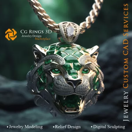 Colgante Puma con Esmeraldas y Diamantes - CAD 3D de Joyería para el Hogar, IA - CAD 3D de Joyería, IA - Colgantes CAD 3D