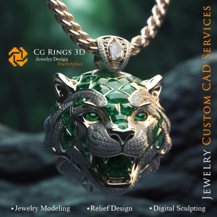 Puma Pendant with Emeralds and Diamonds - 3D CAD Jewelry