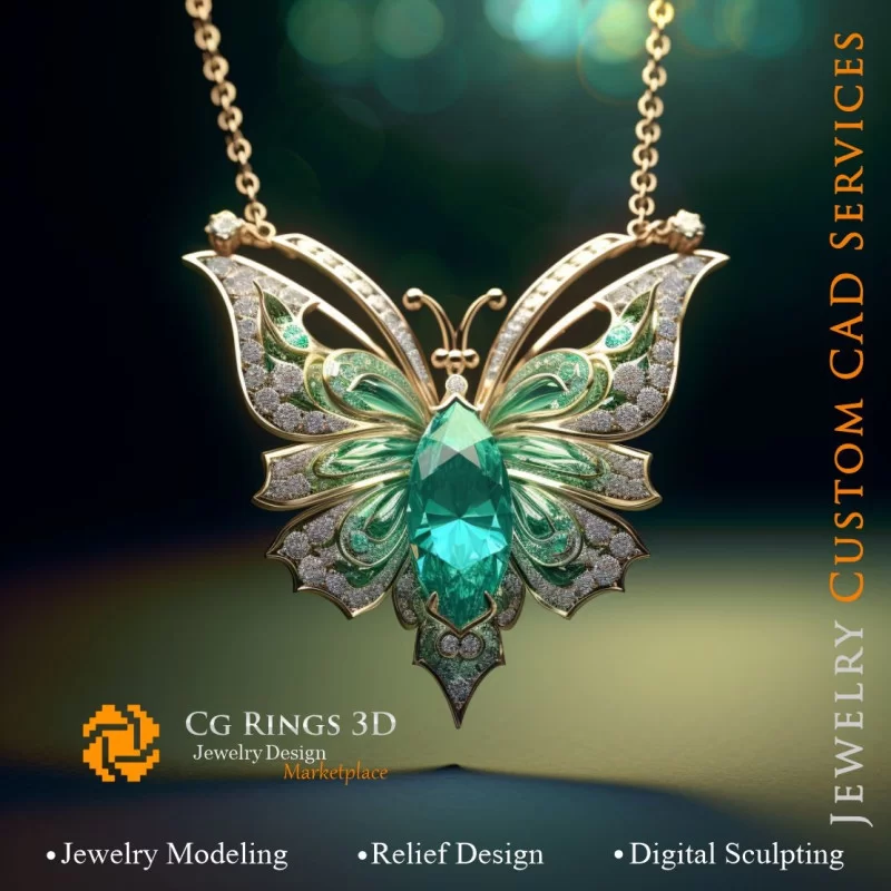 Pendentif Papillon avec émeraude et diamants - Bijoux 3D CAD Home, AI - Bijoux 3D CAO, AI - Pendentifs 3D CAO