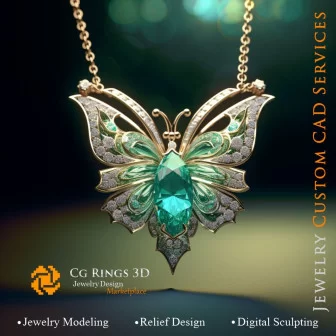 Butterfly Pendant with Emerald and Diamonds - Jewelry 3D CAD Home, AI - Jewelry 3D CAD , AI - Pendants 3D CAD 