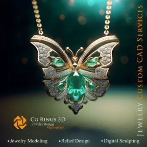 Butterfly Pendant with Emerald and Diamonds - Jewelry 3D CAD Home, AI - Jewelry 3D CAD , AI - Pendants 3D CAD 